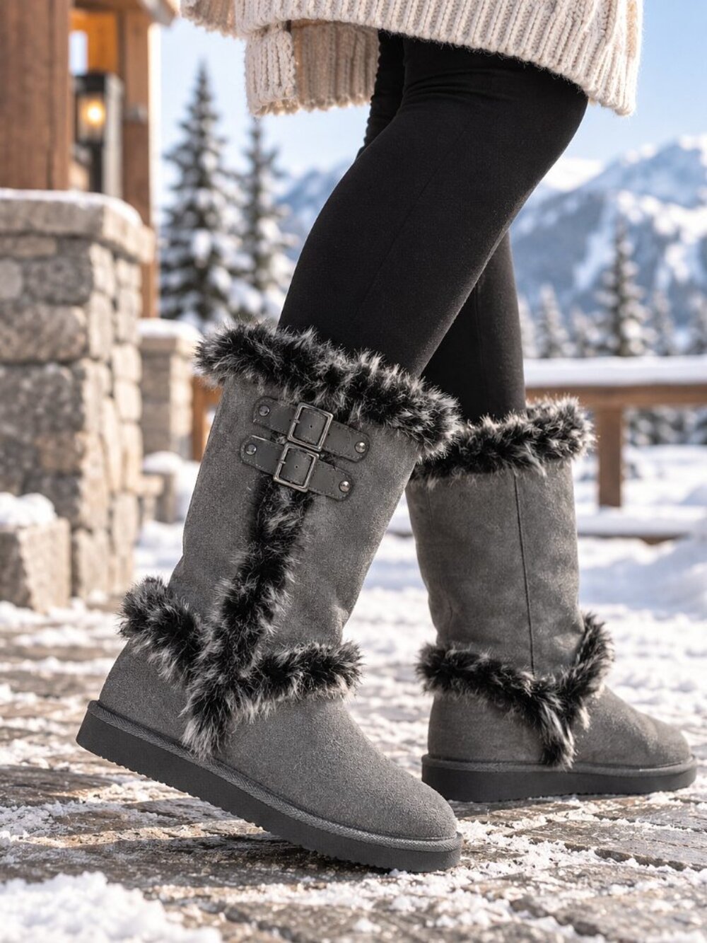Qupid Gray Faux Suede Mid-Calf Flat Bottom Faux Fur Sherpa Lined Winter Boots